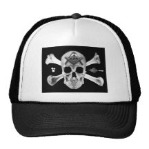 Crâne et os maçonniques, carré et boussole, truell casquette