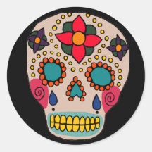 Crâne mexicain de sucre d'art populaire autocollant rond