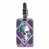 Crâne rose d'Aztèque sur le modèle tribal de pixel étiquettes à bagages