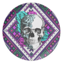 Crâne rose d'Aztèque sur le modèle tribal de pixel assiettes