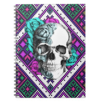 Crâne rose d'Aztèque sur le modèle tribal de pixel carnets