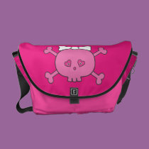 Crâne rose mignon de bande dessinée avec le ruban sacs messenger