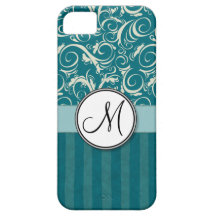 Cream on Teal Floral Wisps & Stripes with Monogram iPhone 5 Cover