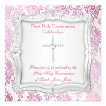 Croix argentée rose de première sainte communion d faire-parts