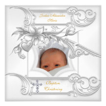 Croix florale blanche de photo de baptême de baptê cartons d'invitation