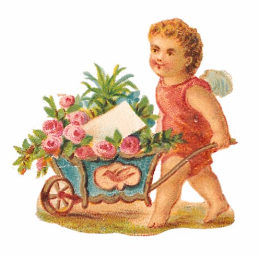 CUPIDON VICTORIEN D'ÈRE D'AIMANT ET CHARIOT ROSE DÉCOUPAGE EN ACRYLIQUE