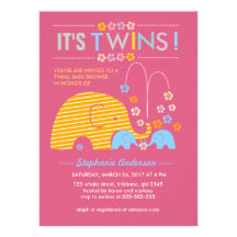Custom twins baby elephant and flower shower personalized invite