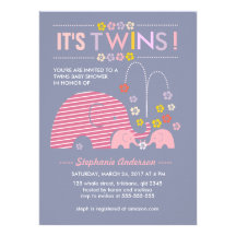 Custom twins baby elephant and flower shower announcement