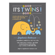 Custom twins baby elephant and flower shower personalized invites