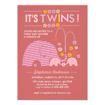 Custom twins baby elephant and flower shower custom announcements