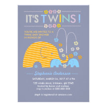 Custom twins baby elephant and flower shower invitations