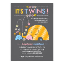 Custom twins baby elephant and flower shower personalized announcement