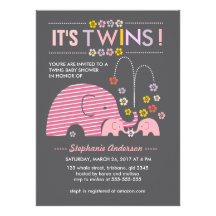Custom twins baby elephant and flower shower invites