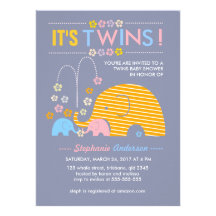 Custom twins baby elephant and flower shower custom announcements