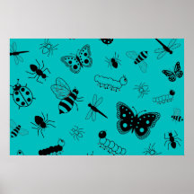 Cute Vector Bugs & Butterflies (Teal Background) Poster