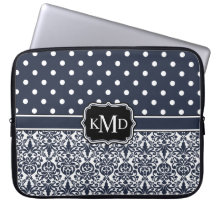 Damassé décorée d'un monogramme de marine de trio trousse pour ordinateur portable