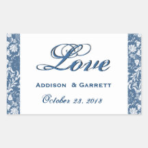 Damassé florale d'amour bleu et blanc de mariage sticker en rectangle