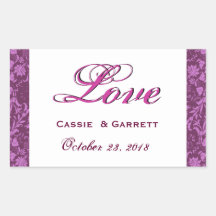 Damassé florale d'amour rose et blanc de mariage stickers rectangulaires