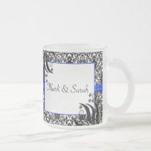 Damassé florale noire, blanche, et bleue tasses