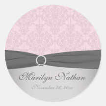 Damassé grise et rose 1,5" autocollant rond