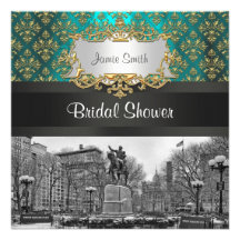 Damassé turquoise 223 Showr nuptiale NYC d'or carr Invitations