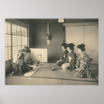 dames japonaises s'asseyant sur l'affiche de planc