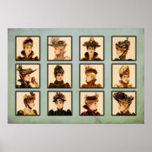 Dames victoriennes vintages en collage de chapeaux posters