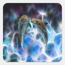 Dauphins et cristaux de fractale autocollants carrés
