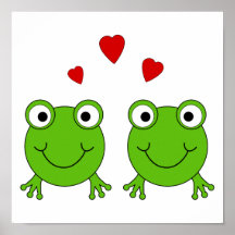 Deux grenouilles vertes avec les coeurs rouges posters