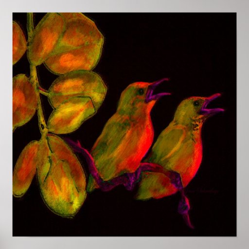 deux petits oiseau-oranges et jaunes poster