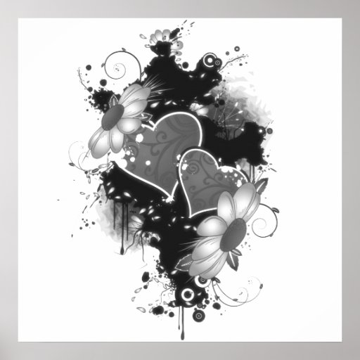 Doubles coeurs et marguerites - B&W gris Posters