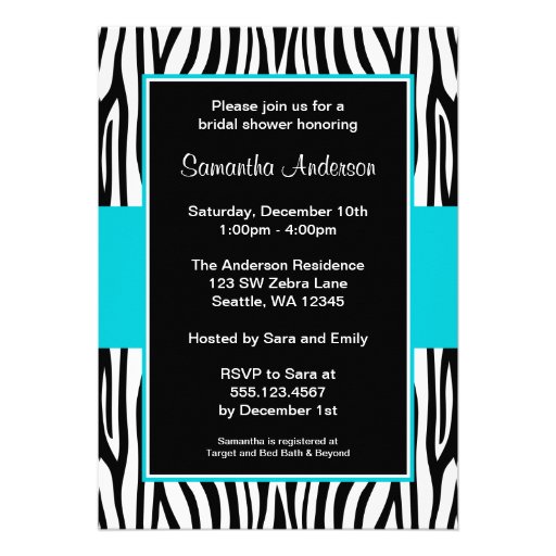 Douche nuptiale de zèbre bleu turquoise cartons d'invitation personnalisés