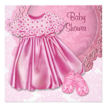 Douche rose de bébé de damassé de rose de robe cartons d'invitation personnalisés