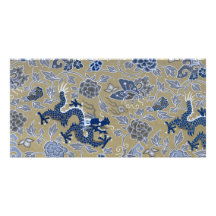 Dragons, fleurs, papillons - bleu sur l'or mat photocarte customisée