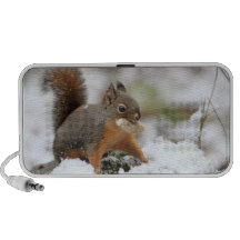 Écureuil mignon dans la neige avec l'arachide haut-parleurs iPod