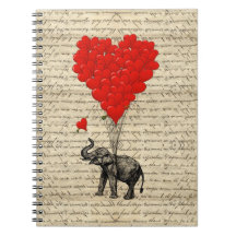 Éléphant et ballons en forme de coeur carnet à spirale