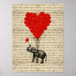 Éléphant et ballons en forme de coeur posters