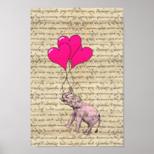 Éléphant rose tenant des ballons affiche
