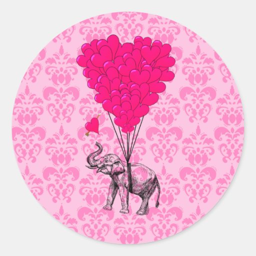Éléphant tenant le coeur sur la damassé rose adhésifs ronds