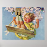 Enfant vintage, fille balançant sur l'oscillation  poster