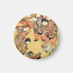 Enfants japonais et coq d'ukiyo-e vintage frais aimant pour réfrigérateur
