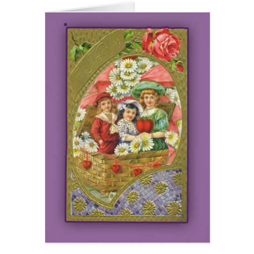 Enfants mignons dans un panier Valentine victorien Carte De Vœux