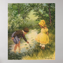 Enfants vintages, garçon et fille jouant par la cr affiches