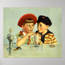 Enfants vintages, garçon et fille partageant une s poster