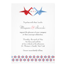 Épouser de grues d'origami (écarlate + Bleu de C) Invitations