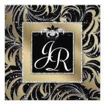 Étincelle noire florale de mariage de feuille élég invitations