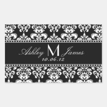 Étiquette blanc noir de vin de mariage damassé autocollants rectangulaires