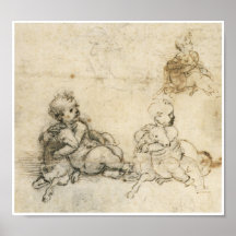 Étude d'un nourrisson tenant une lampe, da Vinci Affiche