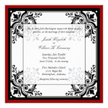 Faire-part de mariage baroque noir, blanc, et roug