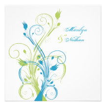 Faire-part de mariage carré floral blanc de vert b